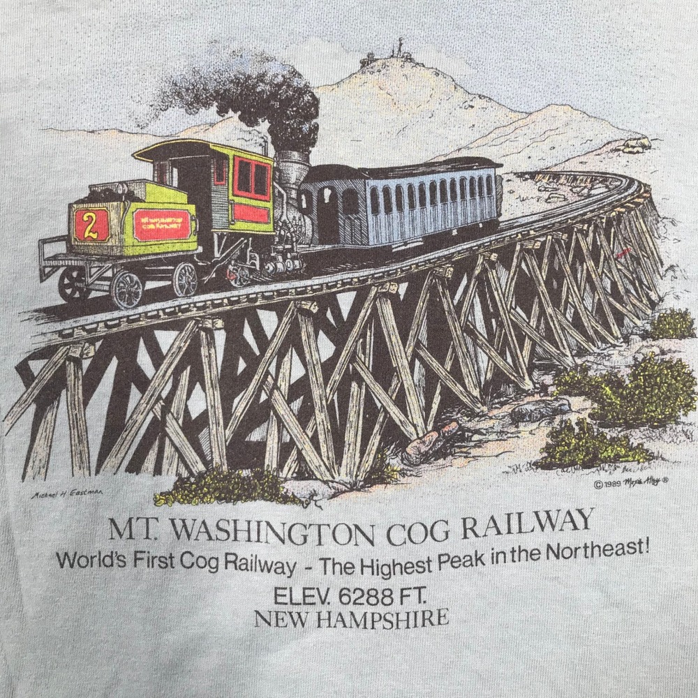 Vintage Mt Washington Cog Railway Fruit of the Loom T-Shirt Mens L Blue Railroad